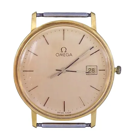 Herrur Omega, 18K guld, Ø33,5 mm, quartz - behov av nytt batteri, lös sliten krona, Vikt: 0 g