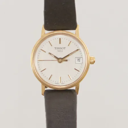 Damur Tissot 18K, 22mm, quartz, gravyr, går ej, slitet läderband, inga tillbehör