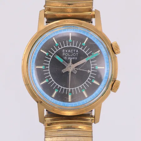 Herrur Exacta Poljot, guld på stål, manuell, Ø34mm, alarm, rysk, repigt glas, flexband