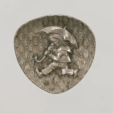 Brosch, pojke under paraply, 40x40mm, vitmetall.