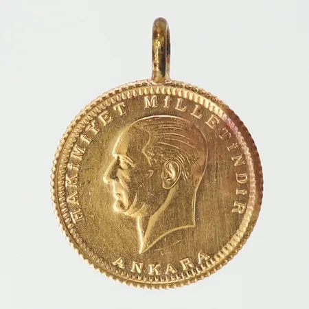 Hänge mynt, Ø14,5mm, Hakimiyet Milletindir Ankara, Türkiye Cumhuriyeti 1923, ögla ej i guld, 22K Vikt: 1,9 g