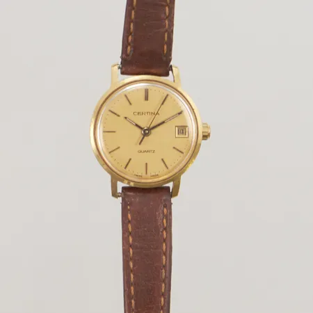 Damur Certina 18K, 22mm, quartz, repigt glas, gravyr, batteribyte krävs, slitet läderband ej original, inga tillbehör