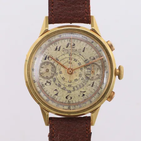 Armbandsur Eberhard&Co, 18K, kronograf, manuell, boett-nummer 1002320, verk-nummer 89602, läderband ej original, glapp i boett vid stängning, skadad urtavla, reseetui, inga tillbehör