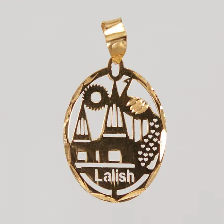 Hänge, längd inklusive ögla 31mm, bredd 17,2mm, Lalish, genombruten dekor, ostämplad 21K, Vikt: 1,4 g