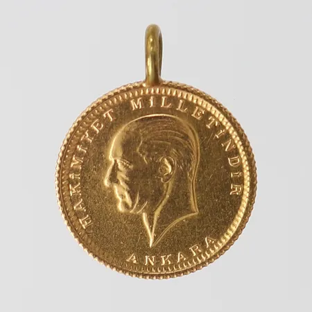 Hänge mynt, Ø14,5mm, Hakimiyet Milletindir Ankara, Türkiye Cumhuriyeti 1923, ögla ej i guld, 22K Vikt: 1,9 g