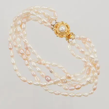 Femradigt pärlarmband, keshipärlor, 21cm, bredd: ca 20mm, lås i gulmetall, 