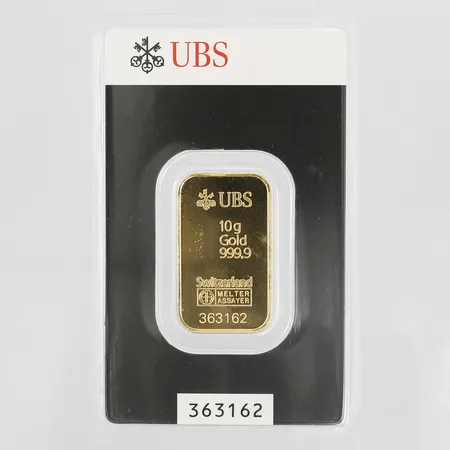 Guldtacka UBS, ca 31x20mm, serienr 363162, plomberad, 24K  Vikt: 10 g