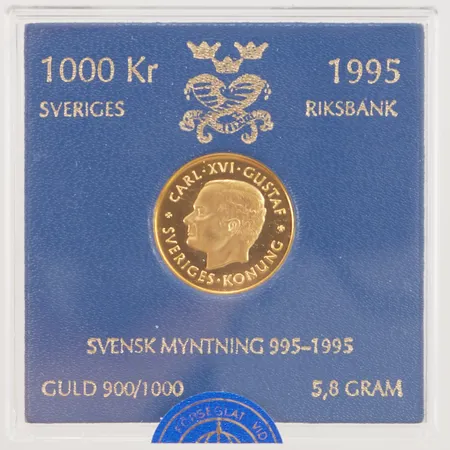 Guldmynt, Svensk myntning 995-1995, nominellt värde 1000kr, plastetui, 900/1000 guld, 21,6K, 5,8g.