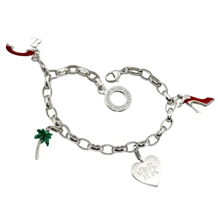 Armband, silver 925/1000, THOMAS SABO CHARM CLUB, total längd 20,5 cm (inkl. avslutande charm 22,5 cm), länkens bredd 6,2 mm, fyra stycken charms/berlocker i varierande mått, samtliga med felfri emalj och stämplade Vikt: 27,2 g