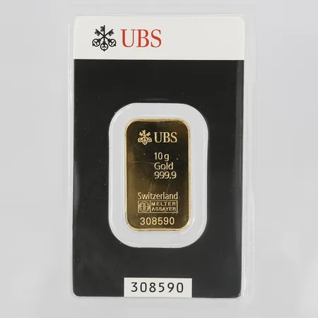 Guldtacka UBS, ca 31x20mm, serienr 308590, plomberad, 24K  Vikt: 10 g