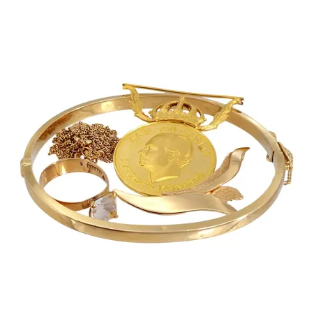 Parti guldsmycken, medalj, 18-23K guld, 14g, övrigt, 18K, 18,8g, defekter / gravyrer förekommer,