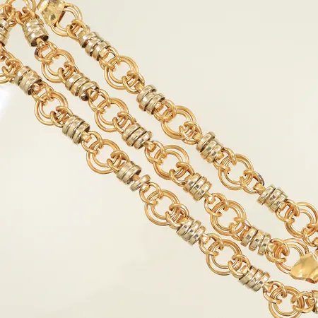 Halscollier tvåfärgad, 46cm, bredd 11,5mm, saknar lås, bucklig, 18K Vikt: 29,3 g