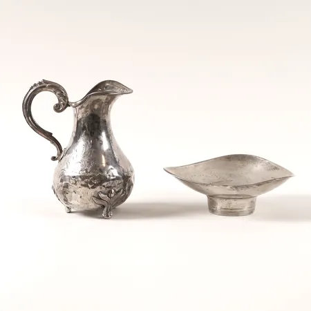 Diverse silver, defekt, kanna och skål, skål med fylld fot, bruttovikt 190,4g.