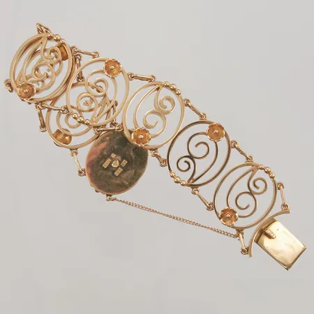 Armband, 18cm, bredd: 25mm, Ateljé Guld & silver, C I Eng, Falun år 1955, säkerhetskedja, 18K, 61,2g.