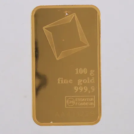 1 Guldtacka Valcambi Suisse, serienummer: AA411228, borrhål, bruten plombering, 24K  Vikt: 99,9 g