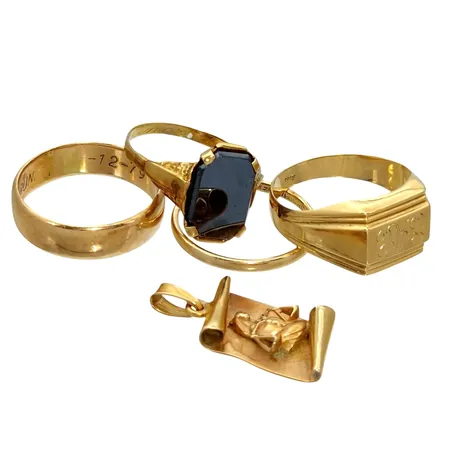 Diverse smycken, 14K guld - bruttovikt 12,9g, 18K guld - vikt 3,9g, defekter, slitage, gravyrer