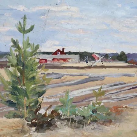 Tavla, olja på duk, Sam Arsenius, signerad och daterad 1892, fäbodlandskap med gärdsgård i förgrunden, ca 37x32cm, mindre ytsmuts. Specialfrakt, kontakta pantbankskontoret för mer information.