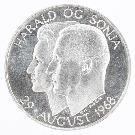 Minnesmynt, Harald Og Sonja av Norge, 29 Augusti 1968, Ø31mm,i etui, smärre ytslitage, silver 925/1000. Vikt: 19,9 g