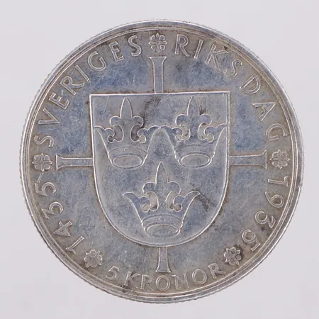 Minnesmynt, 5 kr, år 1935, Sveriges Riksdag 500år, 900/1000 silver Vikt: 24,9 g
