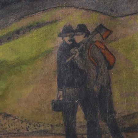 Tavla, blandteknik på papper, Pelle Åberg, signerad med blyerts, landskap med två skogsarbetare, bildyta ca 18x67cm, ej examinerad, papper med veck samt gulnad. Specialfrakt, kontakta pantbankskontoret för mer information.