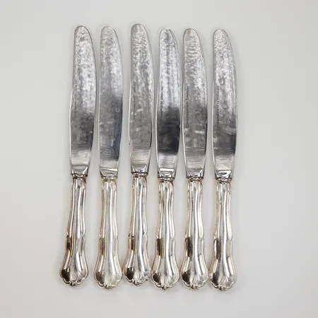 6 Knivar, längd 207mm, blad i stål, Silver 830/1000 bruttovikt 335g