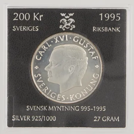 Mynt, Svensk myntning 995-1995, nominellt värde 200kr, plastetui, 925/1000 silver, 27,0g.