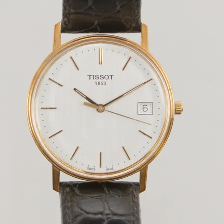 Herrur Tissot 18K, 33,5mm, quartz, gravyr, går ej, slitet läderband, inga tillbehör