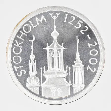 Samlarmynt, Ø 36mm, Stockholm 1252-2002, nominellt värde 200kr, silver 925/1000, etui medföljer Vikt: 27 g