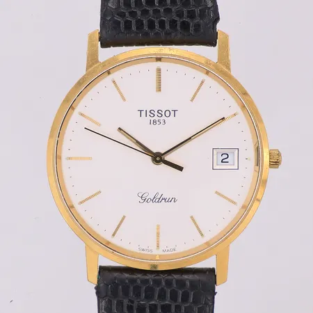 Herrur Tissot, 18K, gravyr, quartz Ø33,5mm, läderband, står still, box missfärgad insida