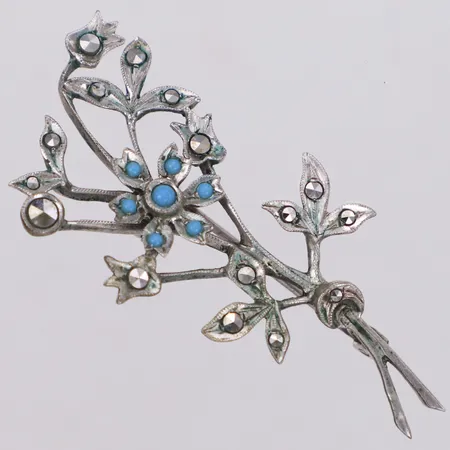 Brosch med markasiter och turkosa stenar, längd 50mm, 830/1000 silver Vikt: 5,8 g