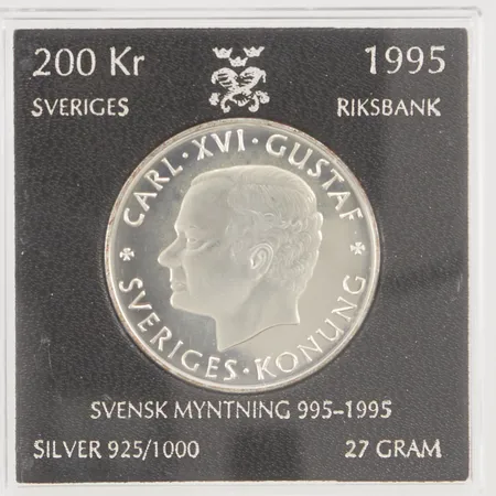 Mynt, Svensk myntning 995-1995, nominellt värde 200kr, plastetui, 925/1000 silver, 27,0g.