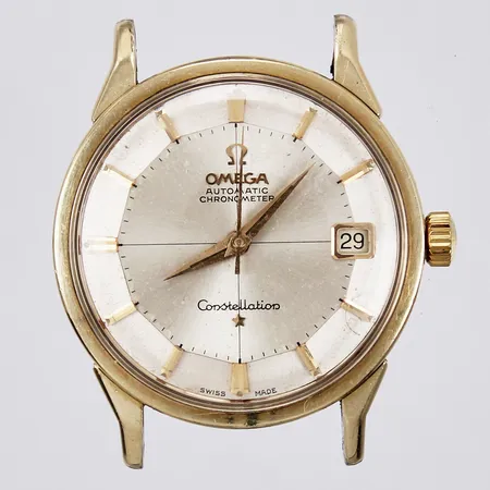 Herrur Omega Constellation "Pie Pan", automatisk, datum, guld på stål, Ø 34mm, cal:561, verknr: 194 366 93 (1962), boettnr 168.005, utan länk, repor på glas & boett