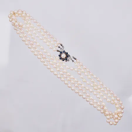 Collier med Lapis Lazuli odlade pärlor, guld kulor samt diamanter 12 x ca 0,002ct, längd ca 42,5cm, bredd ca 3,1-5,1mm, hängets längd ca 4,8cm, bredd ca 18,0mm, 14K Vikt: 15,2 g