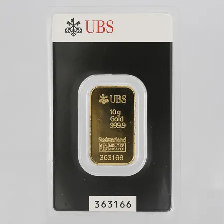 Guldtacka UBS, ca 31x20mm, serienr 363166, plomberad, 24K  Vikt: 10 g