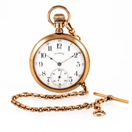 Fickur "ILLINOIS" med klockkedja. Doublé / gold filled. Boett Ø 50 mm. Repigt glas.  Vikt: 0 g