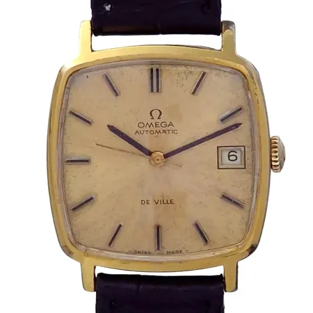 Herrur Omega De Ville, doublé/stål, 32 x 31 mm, automatisk - tickar, kaliber 1010, tiden går inte att ställa, MD 162.0060, 70-tal, urtavla med ålderspatina, mindre bruksmärken, universal skinnband