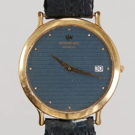 Armbandsur Raymond Weil 9120, quartz, datum, Ø 31mm, guldpläterad stål, original läderband skadad, slitet, i behov av service/rengöring