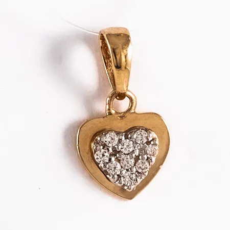 Hänge, hjärta med vita stenar, i 18K guld. Det är 13 mm långt inkl. ögla och väger 0,6g. Stämplat GHA (Guldfynd) 750.