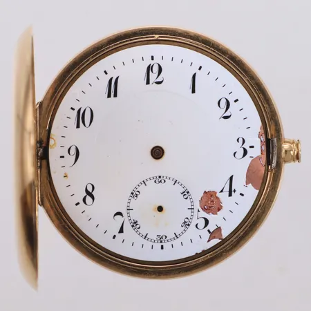 Savonett 14K, Ø52mm, innerboett i metall, boettnummer 856949, mycket skadad urtavla, visare saknas, går ej, gravyr, bruttovikt 91,5g