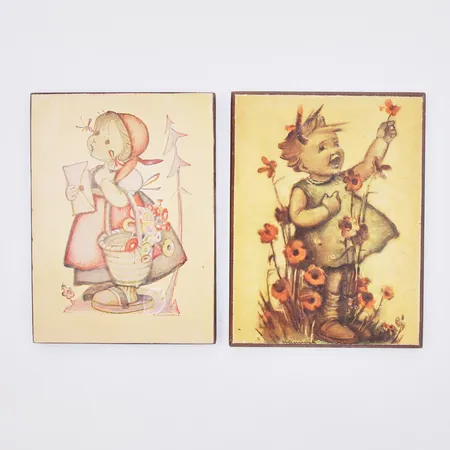 2 Tavlor tryck uppklistrade på pannå, efter Hummel, 13,2-13,4x9,8-10,2cm Vikt: 0 g