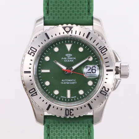 Herrur Murex Ocean, stål, automatisk, Ø43mm, ref-nummer MUA655, glasbaksida, grönt gummiband, inga tillbehör