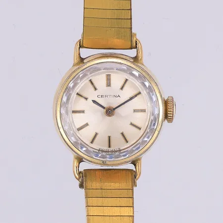 Damur Certina, manuell, doublé på stål Ø19mm, nr 0806 556, 5070181, band i gulmetall, viklås, ca 18cm