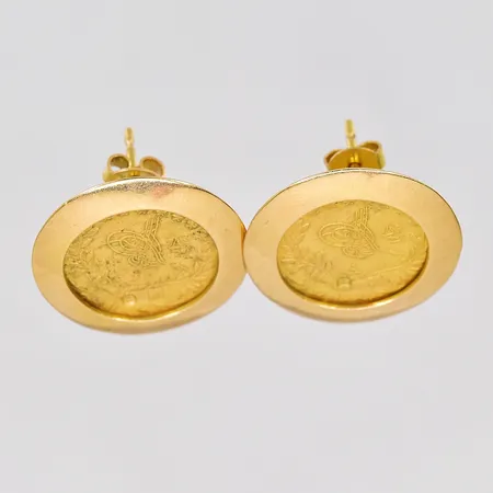 Ett par örhängen, myntliknande, Ø 20mm, ostämplade, 18/21K Vikt: 8,1 g