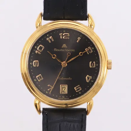 Armbandsur Maurice Lacroix, Ø ca 35,8mm, referensnummer 11407, doublé med läderband, band ej original, automatic, datum, svart urtavla.