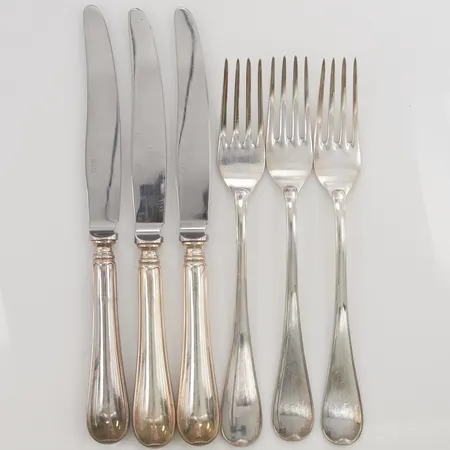 Bestickuppsättning, modell: Svensk Rund, 3 Matgafflar, 20,5cm, 3 Matknivar med blad i rostfritt stål, 23cm, 830/1000 silver, bruttovikt: 362,8g.