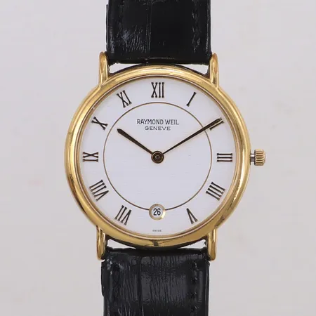 Herrur Raymond Weil Geneve, doublé, modell 9124-2, serie-nummer A 701012, datum, läderband ej original, slitage på bakboett, inga tillbehör