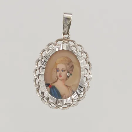 Hänge, miniatyrporträtt föreställande ung kvinna, 30x19mm, ram i vitguld, 18K, 2,3g.