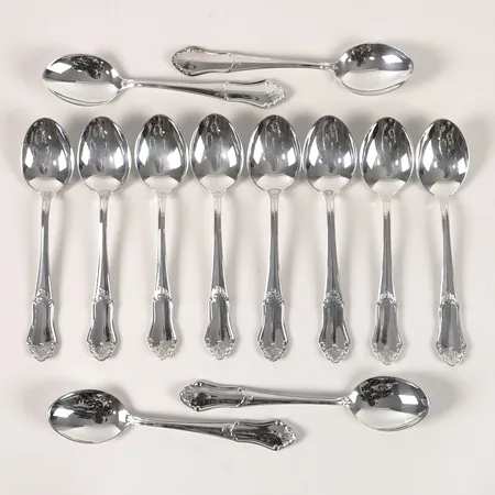 Tolv teskedar, modell Eva, MEMA, Lidköping, längd 12,5cm, silver 830/1000. Vikt: 239,7 g