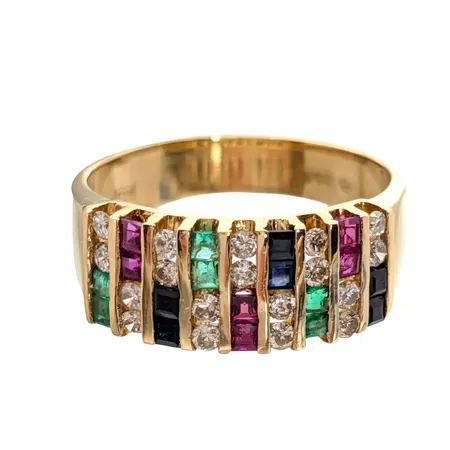 Ring, 18K guld, Rubiner, Safirer, Smaragder, Diamanter 18 x 0,02ct, Guldfynd (GFAB), svensk kontrollstämpel, Ø18,0 mm, bredd 4 - 7,5 mm, fint skick, stenar utan anmärkning Vikt: 4,5 g