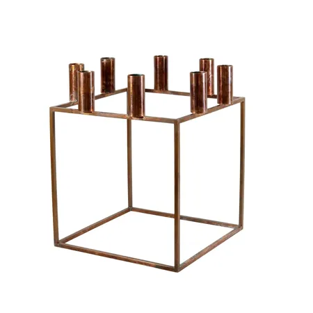 Ljusstake "Kubus", design Mogens Lassen, koppar, avsedd för 8 ljus, höjd 29 cm, mått 25 x 25 cm, märkt i botten By Lassen, bruksskick, ej putsad, vikt omkring 1400 gram